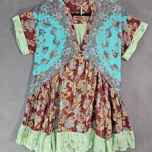 Free People Small Mini Oversized Dress Multicolor Patchwork Vneck Boho Floral